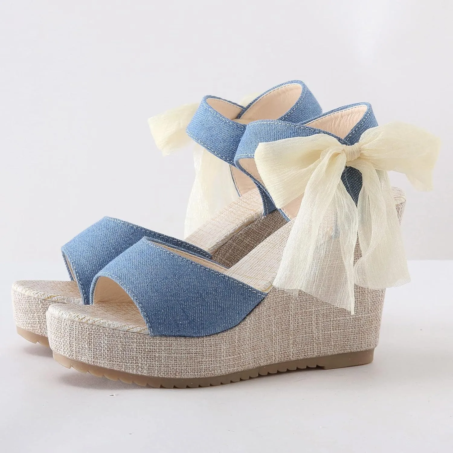 Platform Sandals for Women Open Toe Non Slip Espadrille Wedge Sandals Ladies Elegant Strap Bowknot Walking Shoes Bridal Bridesmaid Sandal for Summer Wedding