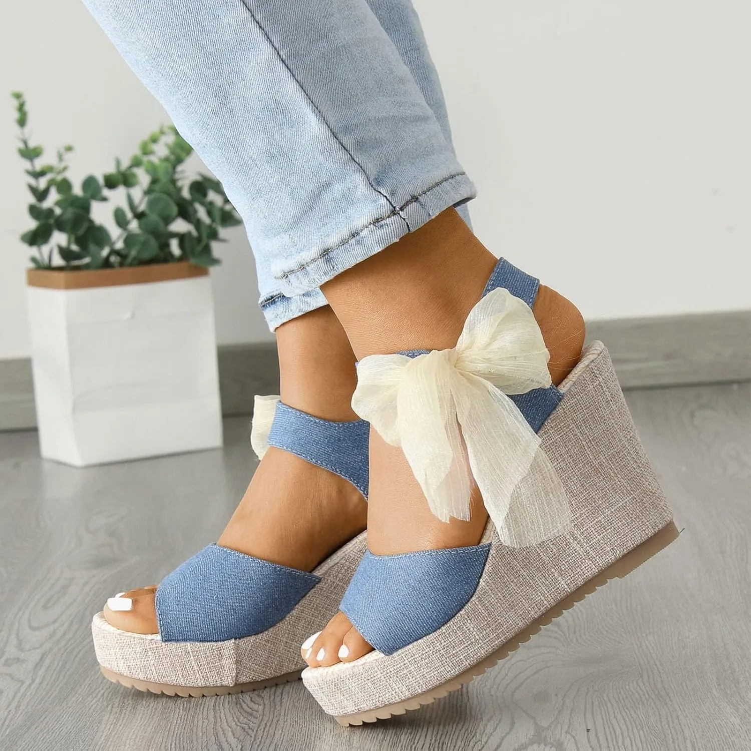 Platform Sandals for Women Open Toe Non Slip Espadrille Wedge Sandals Ladies Elegant Strap Bowknot Walking Shoes Bridal Bridesmaid Sandal for Summer Wedding