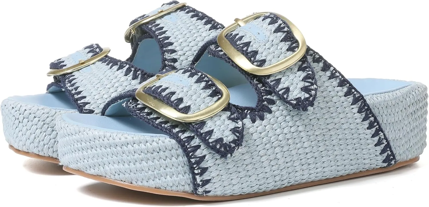 Platform Sandals For Women Raffia Espadrilles Open Toe Flatform Sandals Slip On Slide Sandals Casual Woven Sandals Summer Beach Sandals