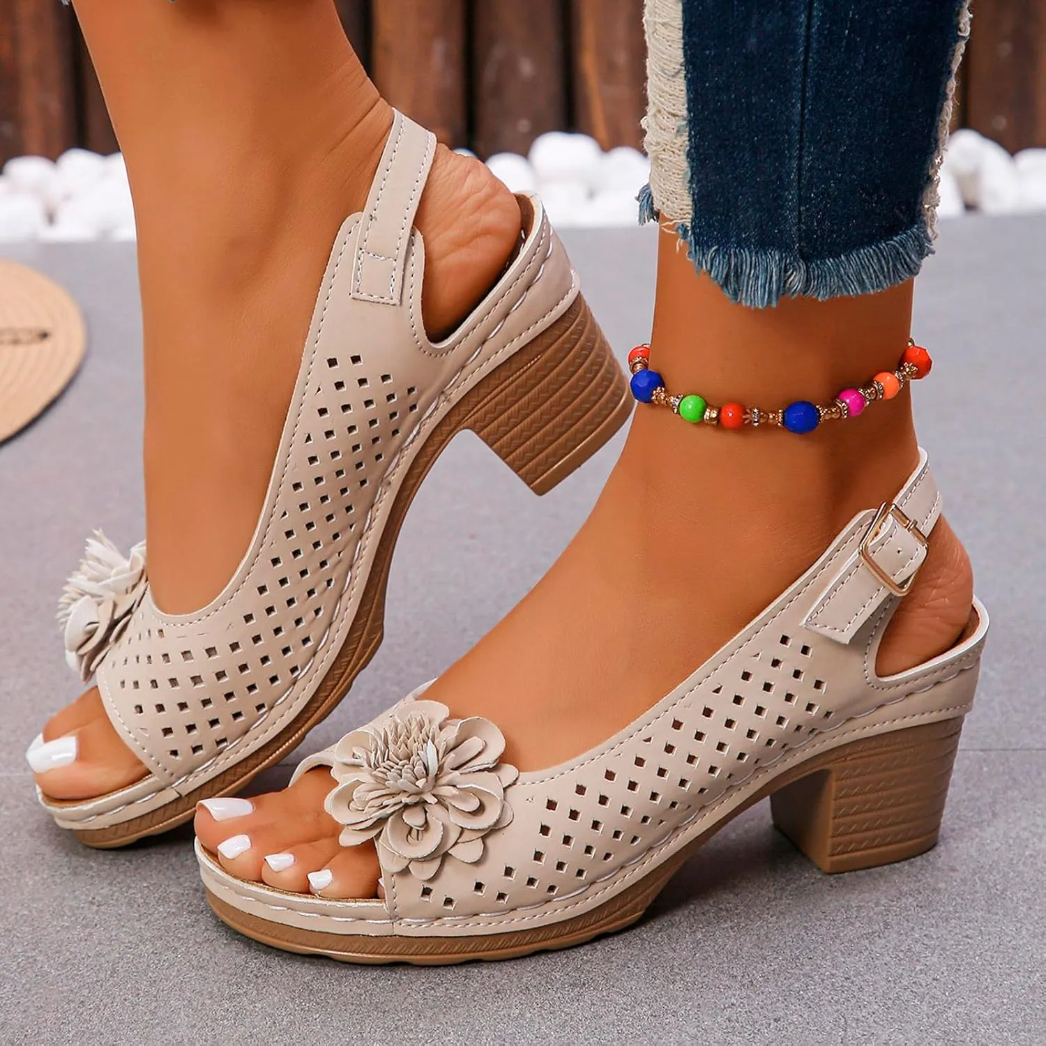 Platform Sandals Open Toe Hollow Out Mesh Shoes Fashion 3D Floral Sandal Retro Bohemian Wedge Slippers Casual Wedding Women Shoes Comfort Adjustable Strap Sandals Chunky Heel Sandal
