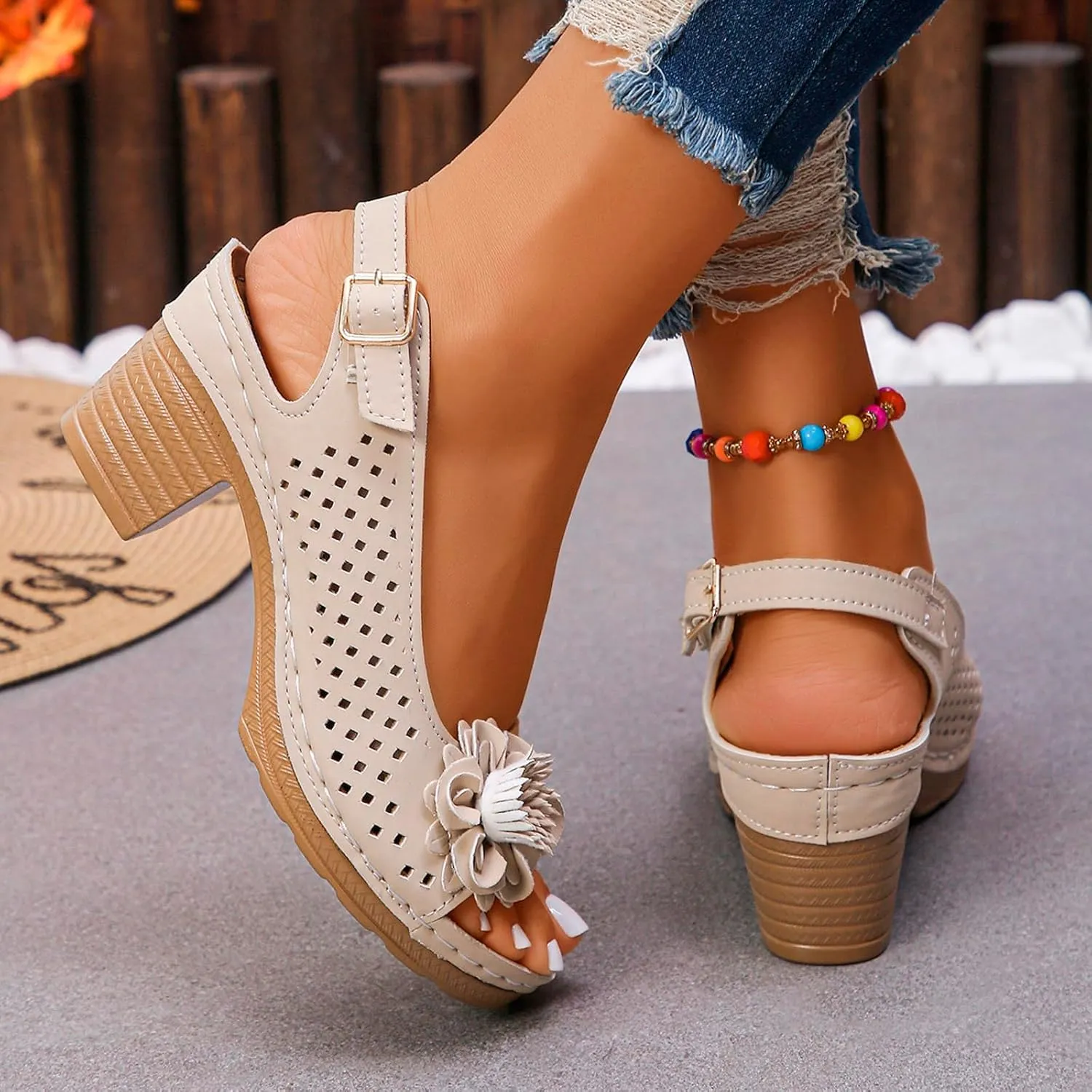 Platform Sandals Open Toe Hollow Out Mesh Shoes Fashion 3D Floral Sandal Retro Bohemian Wedge Slippers Casual Wedding Women Shoes Comfort Adjustable Strap Sandals Chunky Heel Sandal