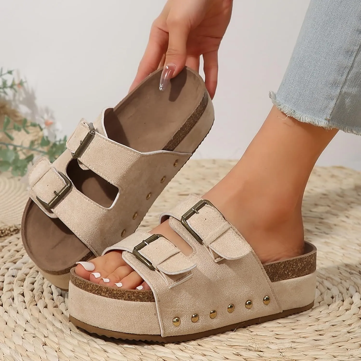 Platform Sandals Women Cork Footbed Orthopedic Slides 2 Straps Adjustable Buckle Slip On Summer with Comfort Shoes