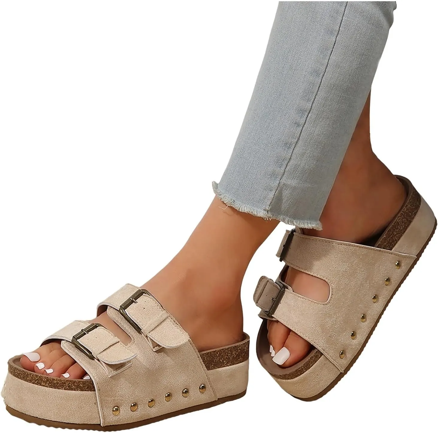 Platform Sandals Women Cork Footbed Orthopedic Slides 2 Straps Adjustable Buckle Slip On Summer with Comfort Shoes
