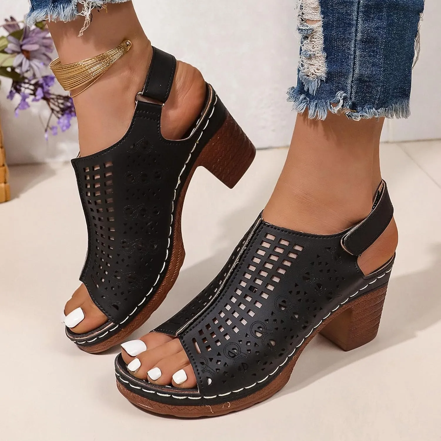 Platform Wedge Sandals Women Open Toe Ankle Strap Retro Block Heels Wedge Sandals 2024 Fashion Dress Shoes Slip on Comfortable Non Slip Sandals Summer