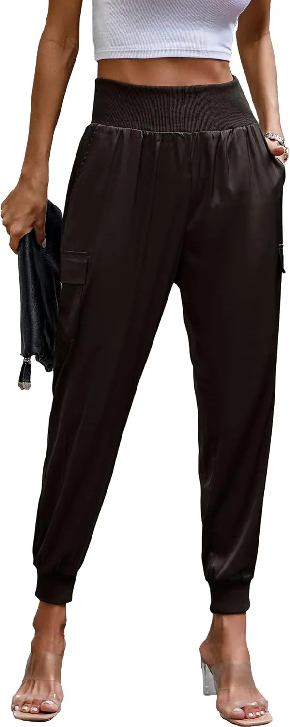 PRETTYGARDEN Women's Satin Jogger Pants Casual Dressy High Waist Long Lounge Pant Trousers Summer Outfits with Pockets
