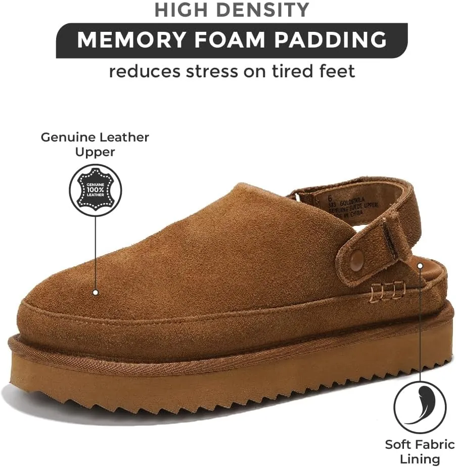Project Cloud Genuine Suede Clogs for Women - Memory Foam Womens Clogs & Mules with Adjustable Straps - Lightweight Platform Shoes Non-Slip Slides (Goldstar)