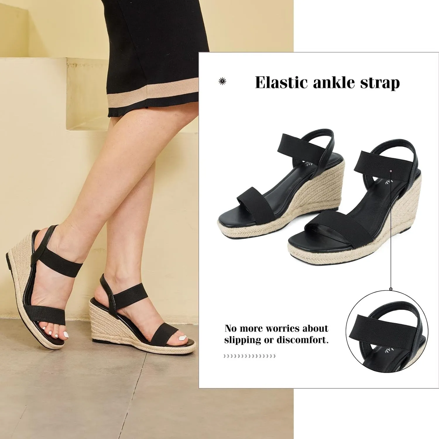 Putu Espadrille Platform Wedge Sandals for Women Square Open Toe Dressy Wedges with Elastic Ankle Strap