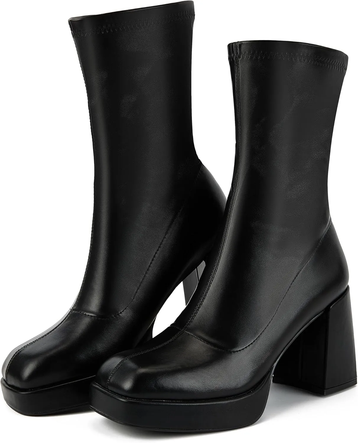 Putu Platform Boots for Women,GoGo Boots,Square Toe Sock Boots Chunky Heel Ankle Boots Pull on Booties