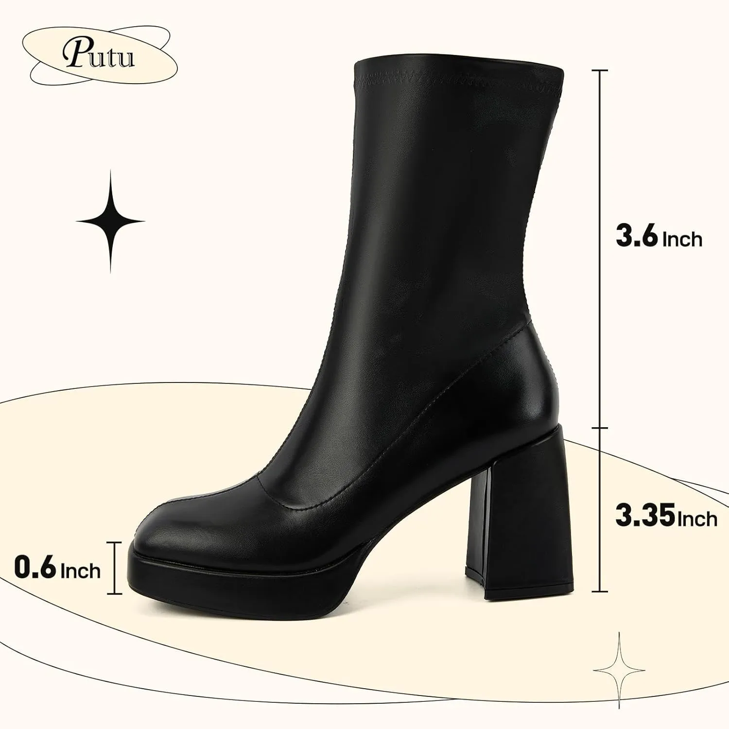 Putu Platform Boots for Women,GoGo Boots,Square Toe Sock Boots Chunky Heel Ankle Boots Pull on Booties
