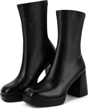 Putu Platform Boots for Women,GoGo Boots,Square Toe Sock Boots Chunky Heel Ankle Boots Pull on Booties