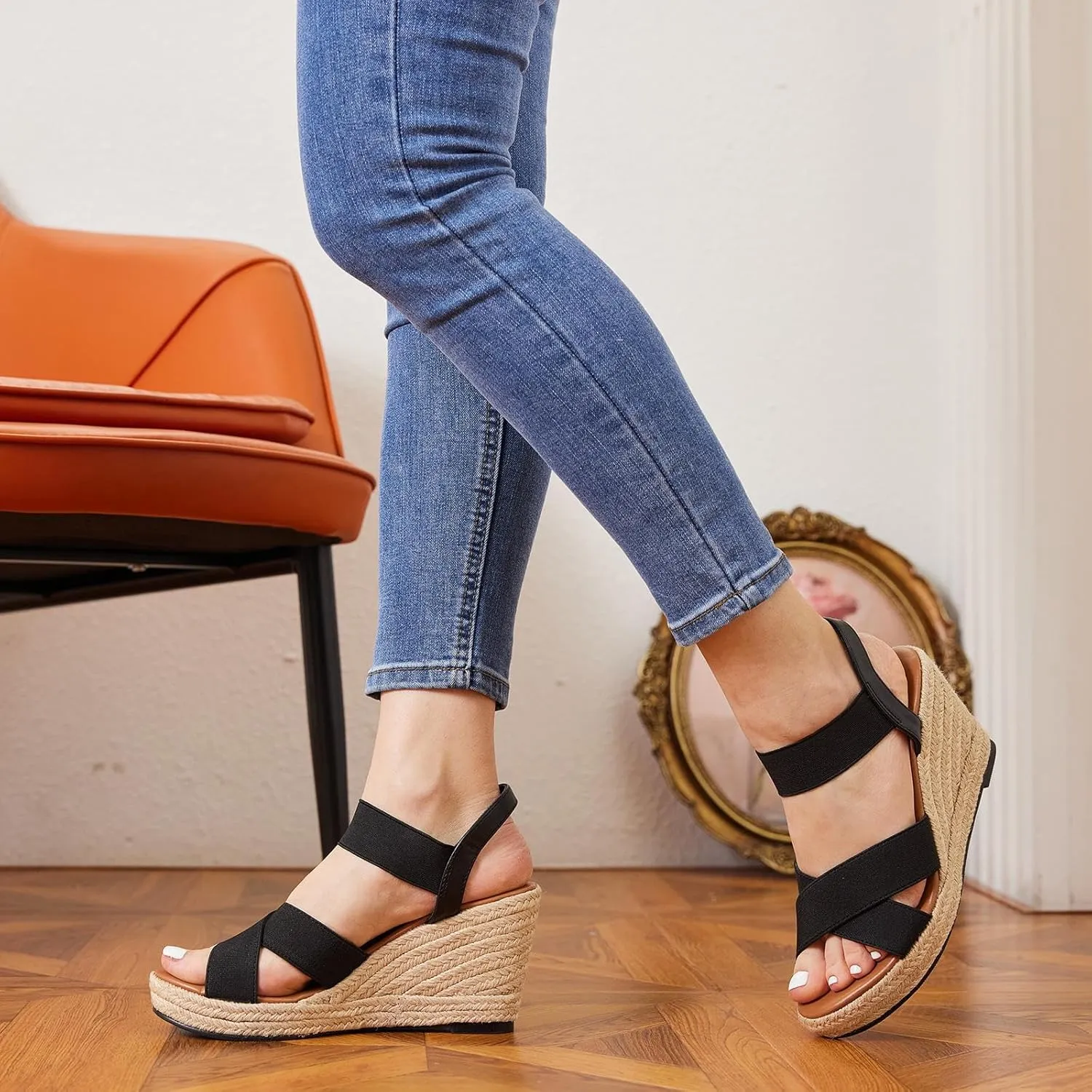 Putu Women's Espadrilles Wedge Sandals Elastic Ankle Strap Platform Sandals Open Toe Criss-cross Wedge Sandals