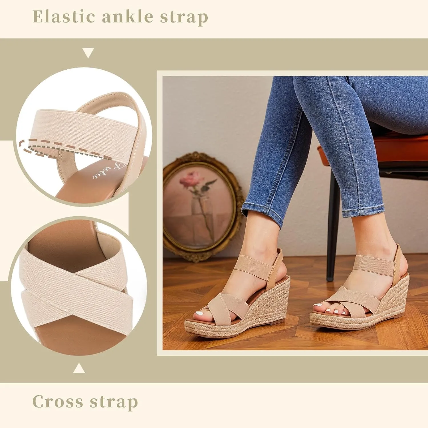 Putu Women's Espadrilles Wedge Sandals Elastic Ankle Strap Platform Sandals Open Toe Criss-cross Wedge Sandals