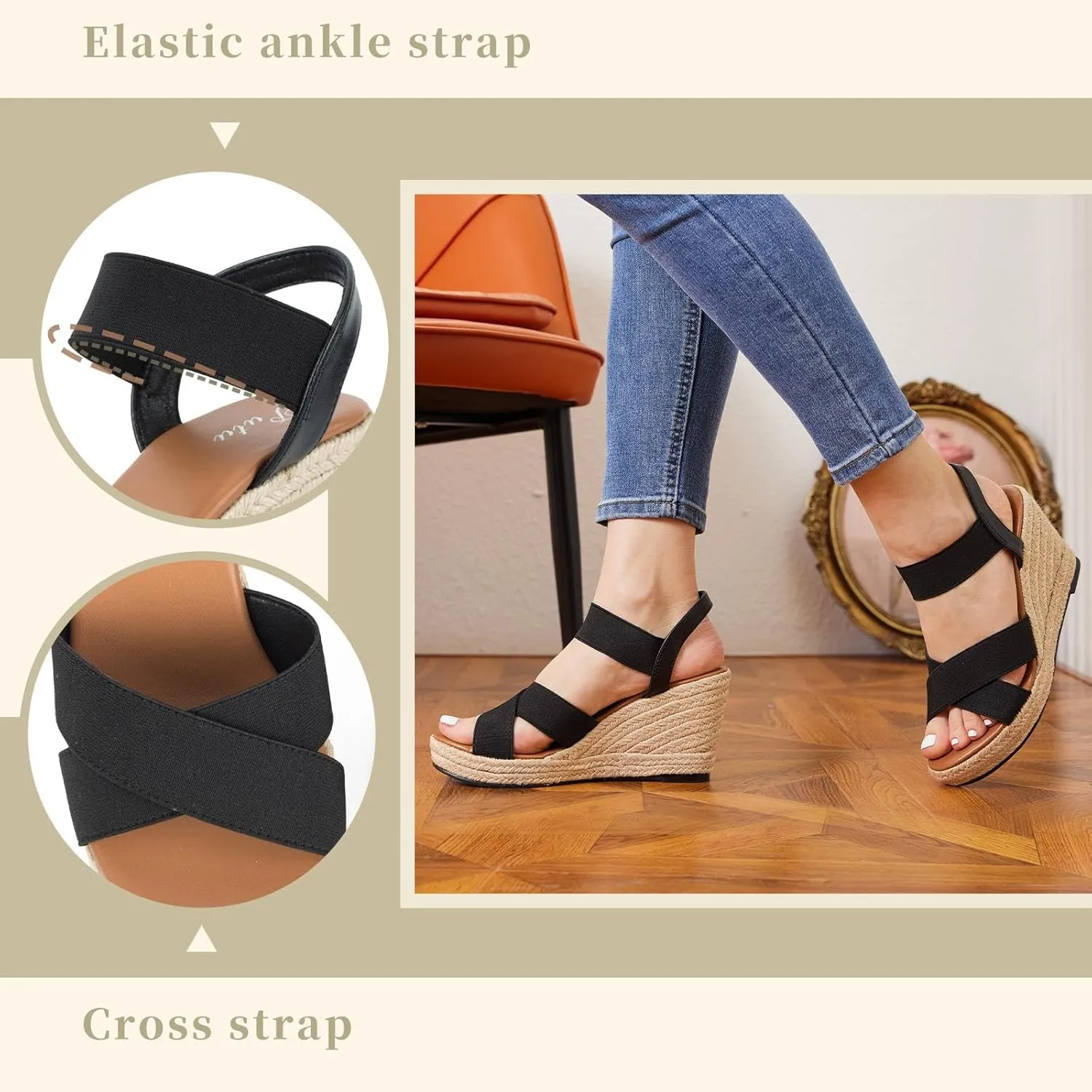 Putu Women's Espadrilles Wedge Sandals Elastic Ankle Strap Platform Sandals Open Toe Criss-cross Wedge Sandals