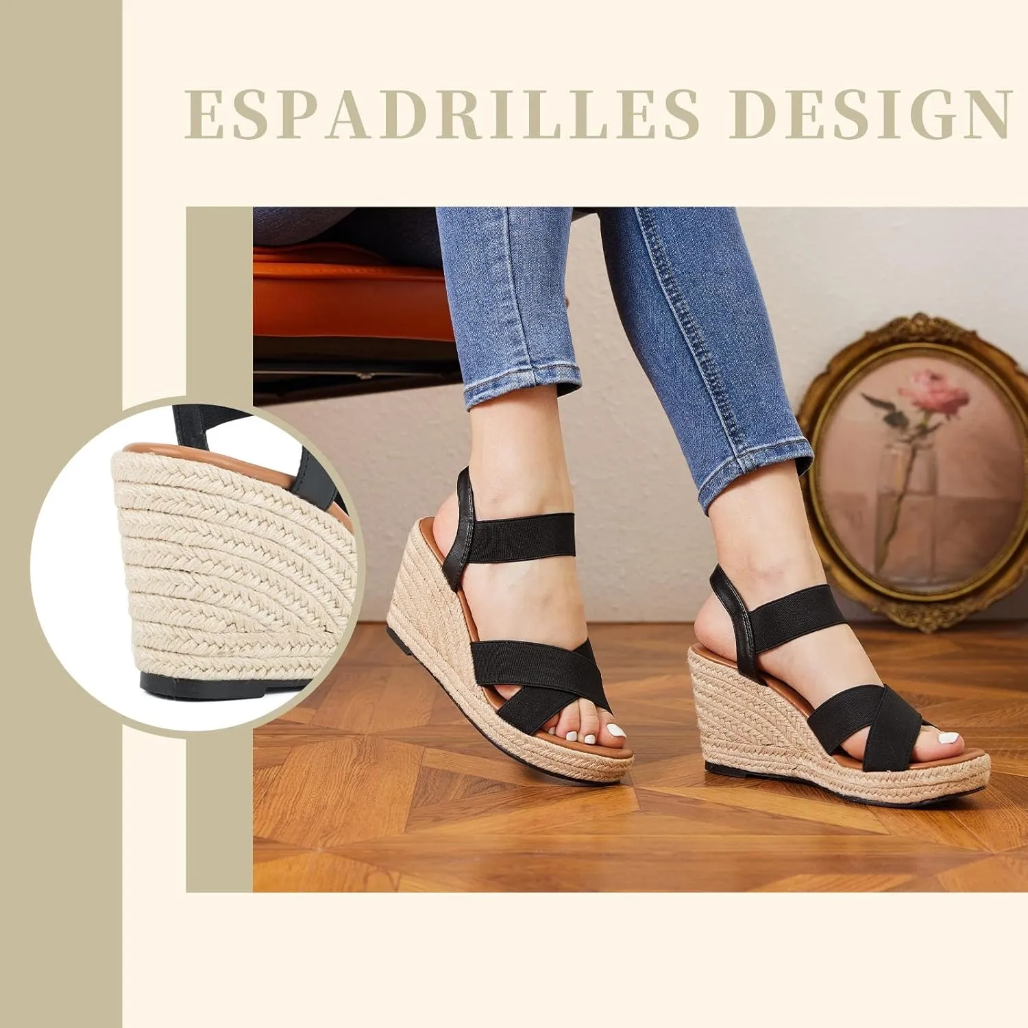 Putu Women's Espadrilles Wedge Sandals Elastic Ankle Strap Platform Sandals Open Toe Criss-cross Wedge Sandals