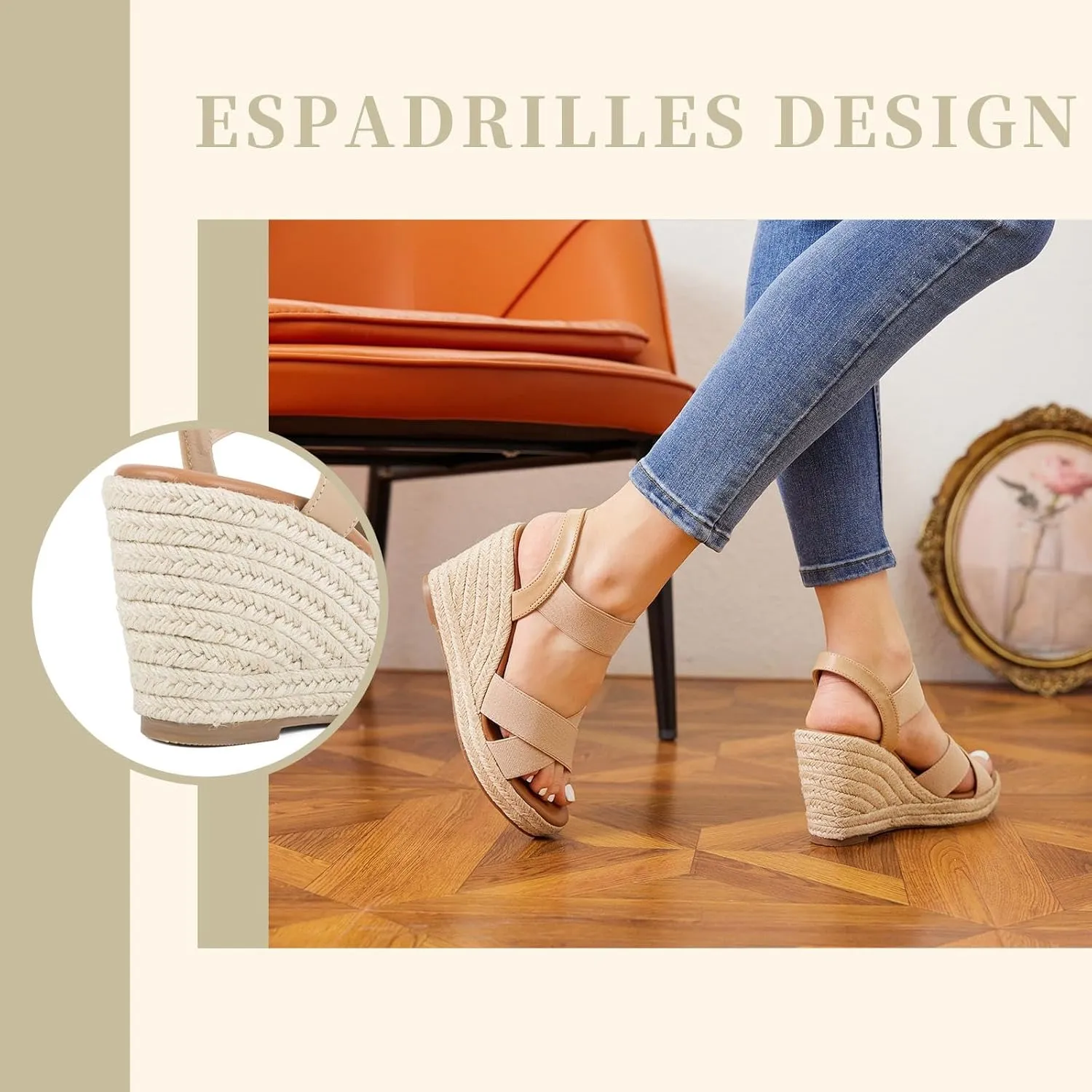 Putu Women's Espadrilles Wedge Sandals Elastic Ankle Strap Platform Sandals Open Toe Criss-cross Wedge Sandals