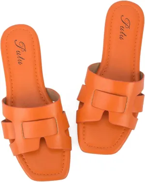 Putu Women's Flat Sandals Dressy Summer Sandals Strappy Slides with Square Open Toe