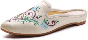 Qhome Women's Chinese Floral Embroidery Pointed-Toe Comfortable Satin Casual Mules Slippers Shoes