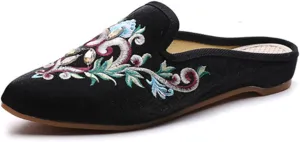 Qhome Women's Chinese Floral Embroidery Pointed-Toe Comfortable Satin Casual Mules Slippers Shoes