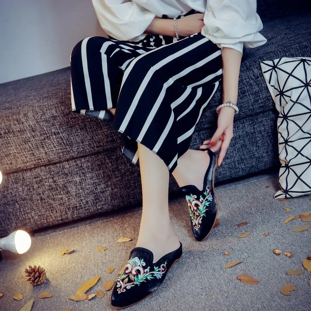 Qhome Women's Chinese Floral Embroidery Pointed-Toe Comfortable Satin Casual Mules Slippers Shoes