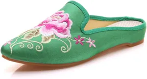Qhome Women's Chinese Floral Peony Embroidery Pointed-Toe Comfortable Satin Casual Mules House Pumps Slippers Shoes