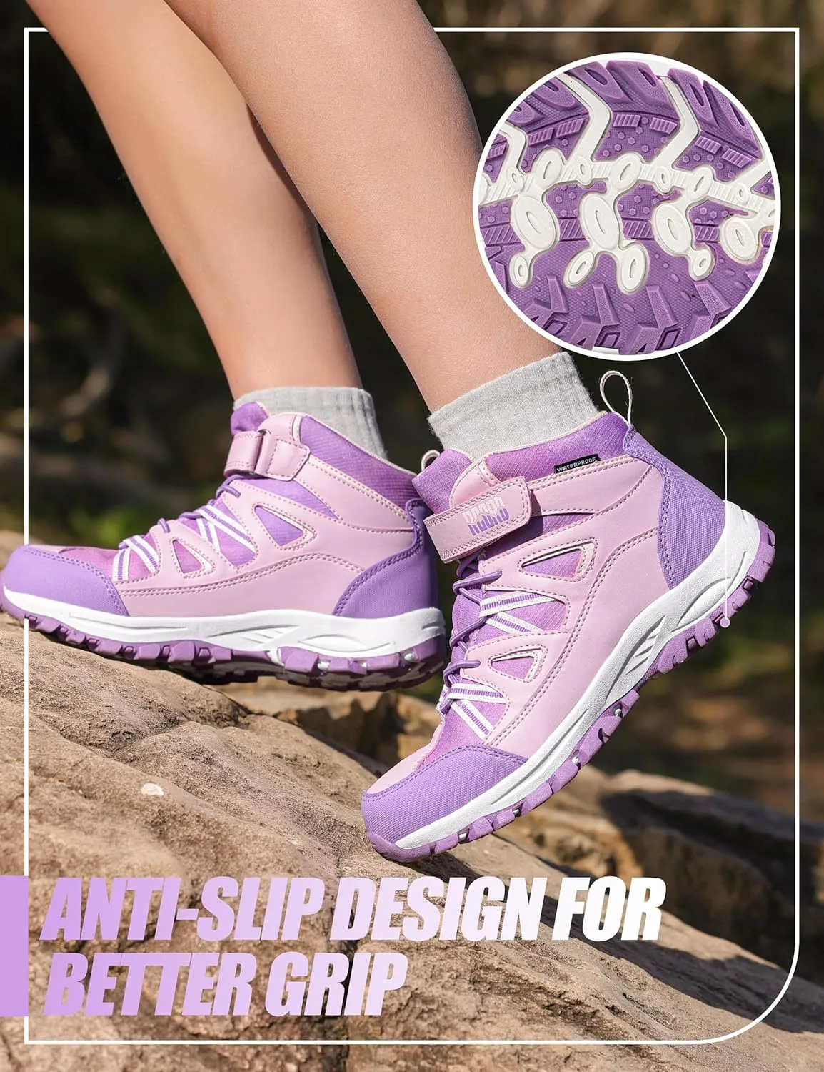 R CORD Girls Hiking Boots Waterproof Durable Kids Hiking Boots TPR Traction Hook&Loop Closure Girls Hiking Boots Anti-Skid Athletic Outdoor Boots