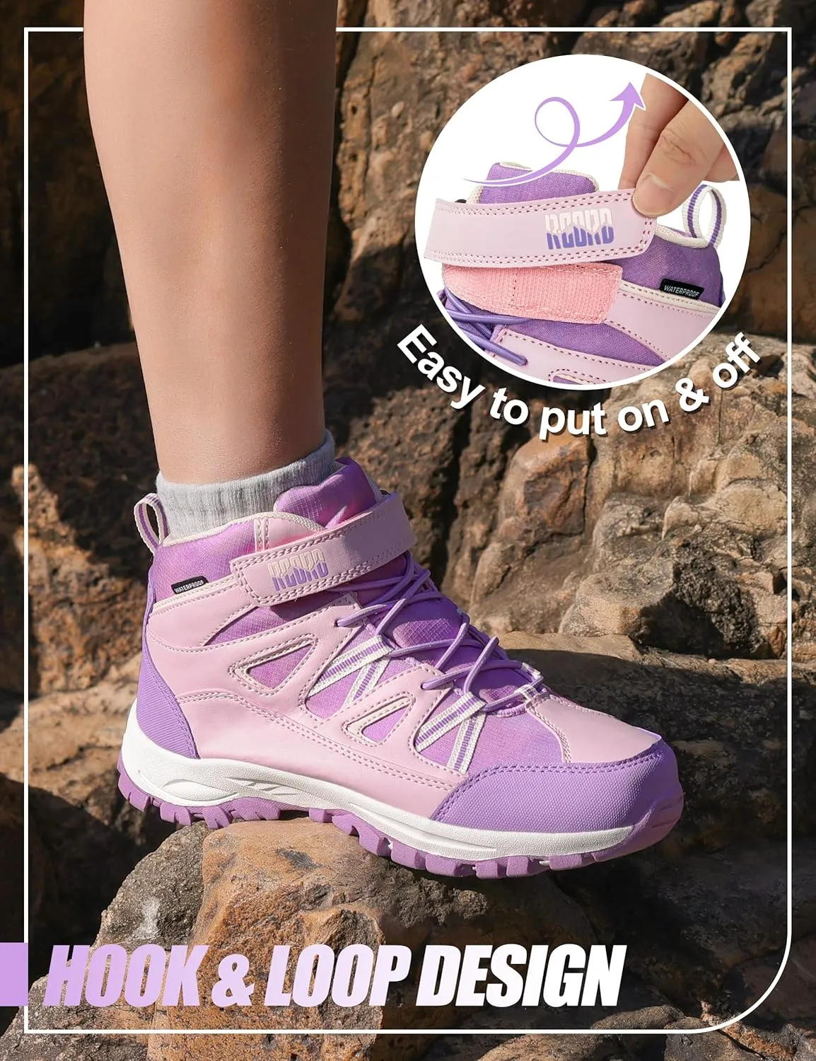 R CORD Girls Hiking Boots Waterproof Durable Kids Hiking Boots TPR Traction Hook&Loop Closure Girls Hiking Boots Anti-Skid Athletic Outdoor Boots