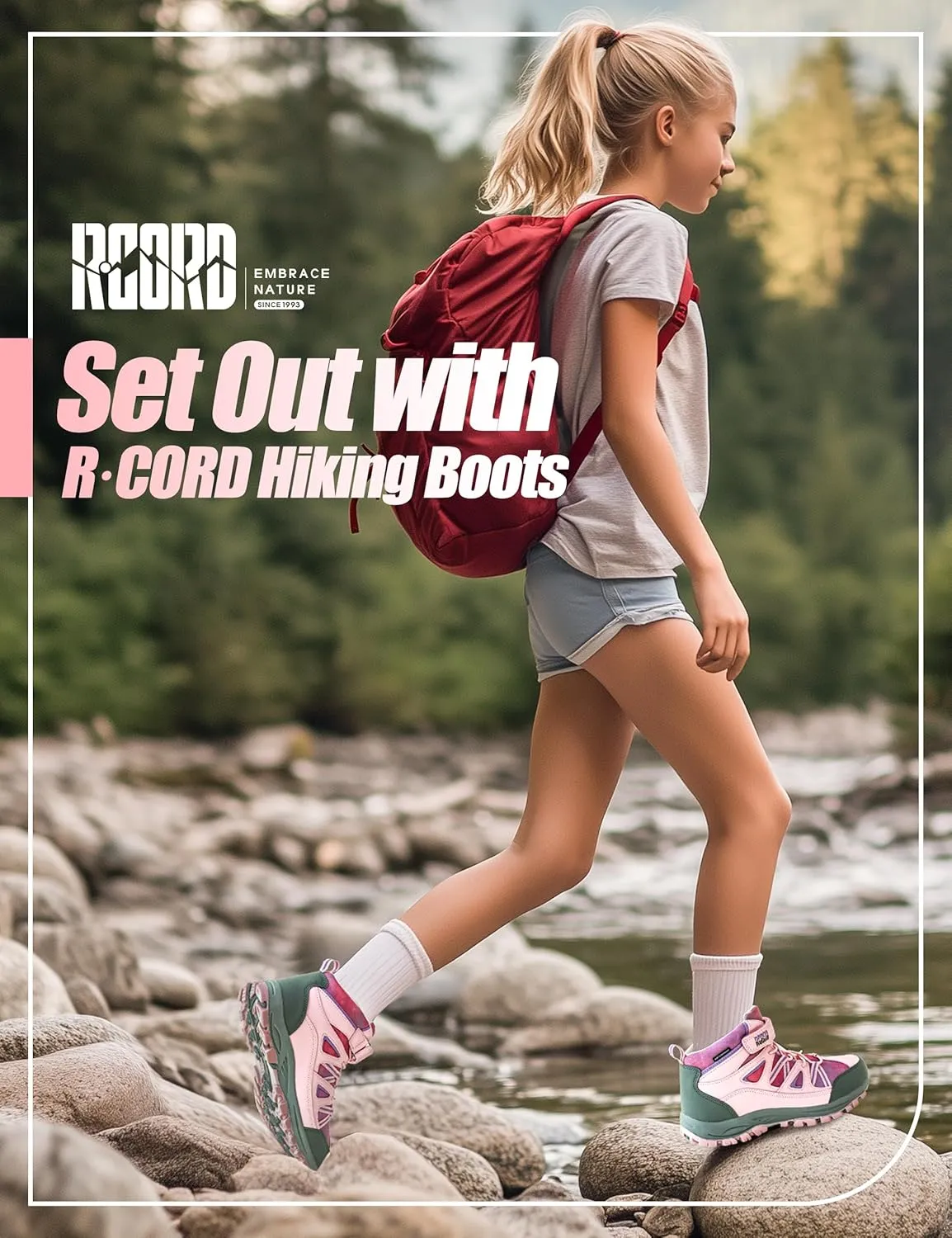 R CORD Girls Hiking Boots Waterproof Durable Kids Hiking Boots TPR Traction Hook&Loop Closure Girls Hiking Boots Anti-Skid Athletic Outdoor Boots