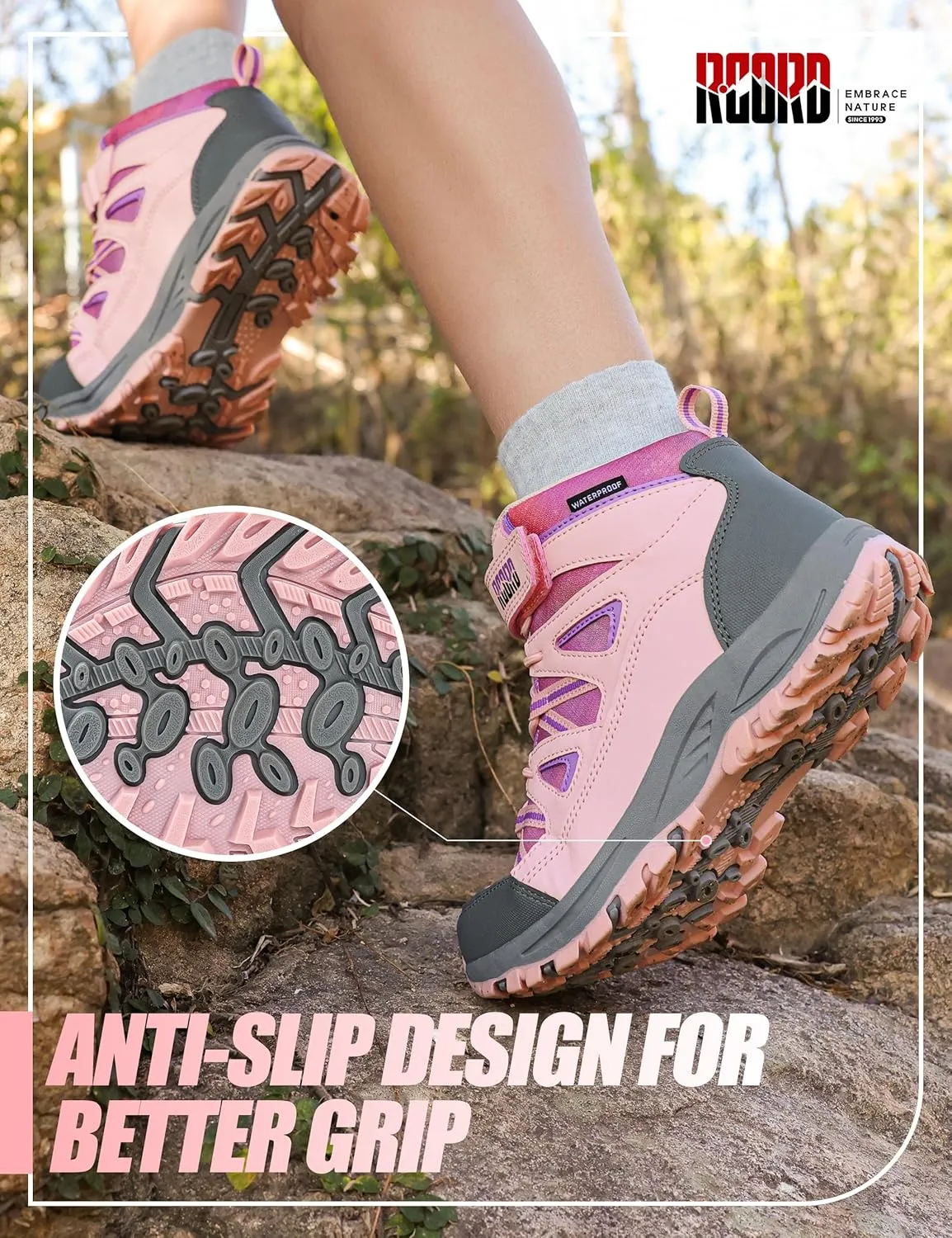 R CORD Girls Hiking Boots Waterproof Durable Kids Hiking Boots TPR Traction Hook&Loop Closure Girls Hiking Boots Anti-Skid Athletic Outdoor Boots