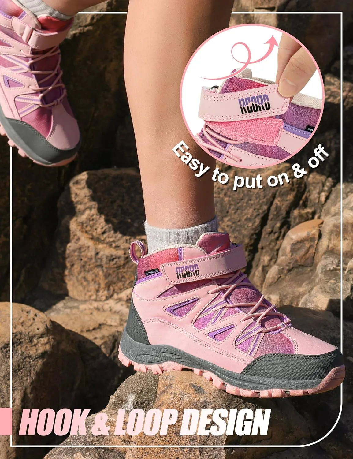 R CORD Girls Hiking Boots Waterproof Durable Kids Hiking Boots TPR Traction Hook&Loop Closure Girls Hiking Boots Anti-Skid Athletic Outdoor Boots