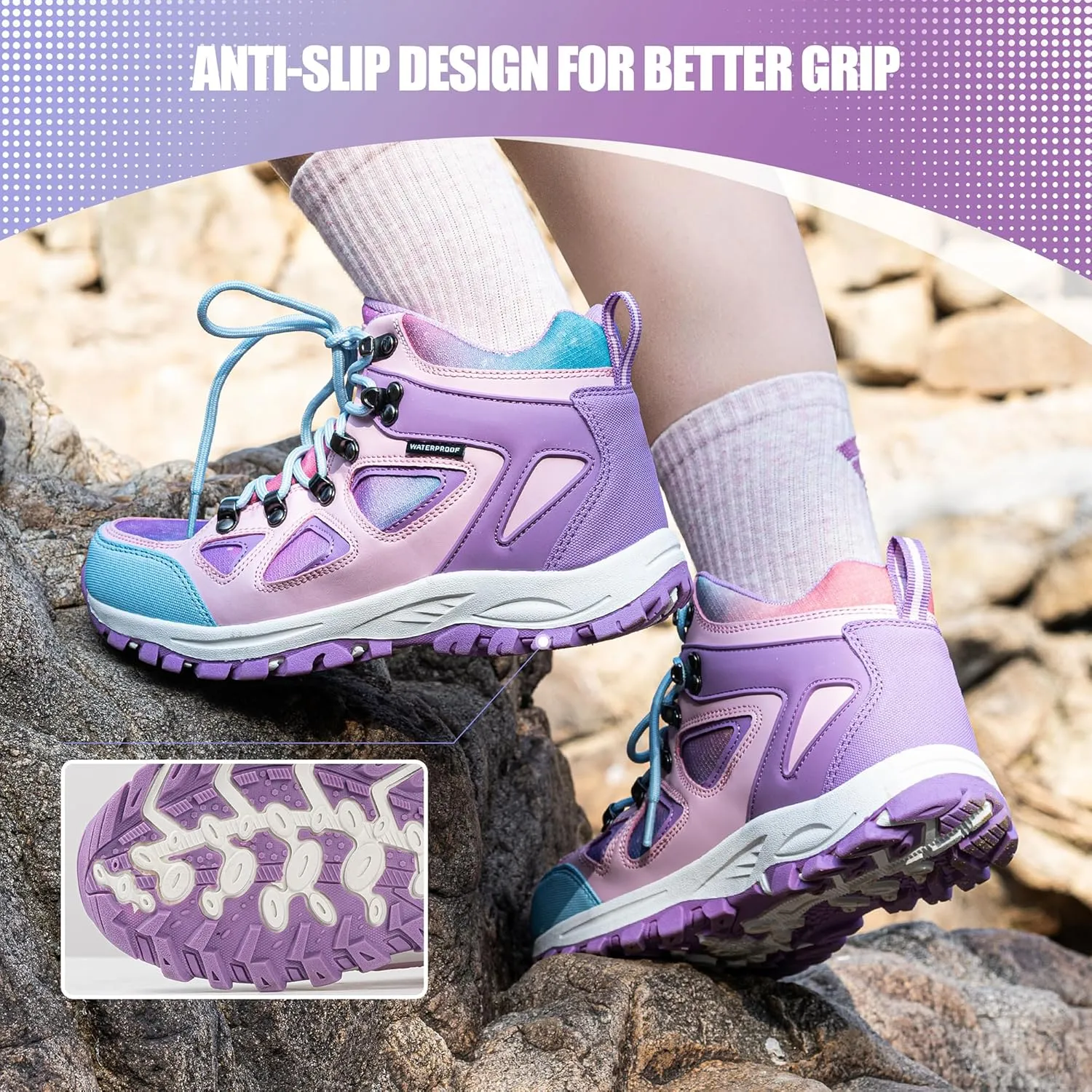 R CORD Kids Hiking Boots Girls Hiking Boots Waterproof Non-Slip for Outdoor Lace-Up Closure Durable TPR Traction Outsole Kids Hiking Shoes