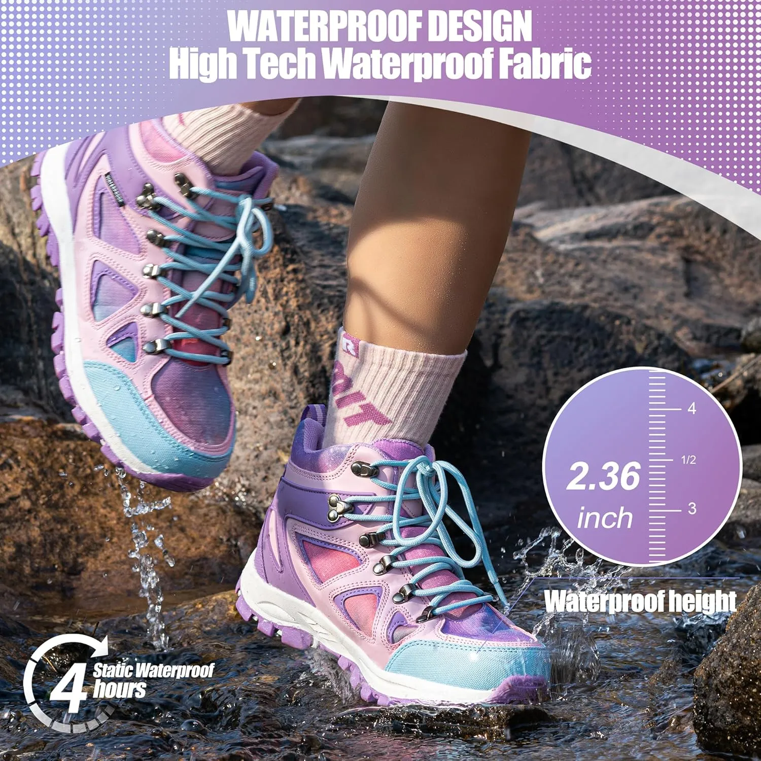 R CORD Kids Hiking Boots Girls Hiking Boots Waterproof Non-Slip for Outdoor Lace-Up Closure Durable TPR Traction Outsole Kids Hiking Shoes