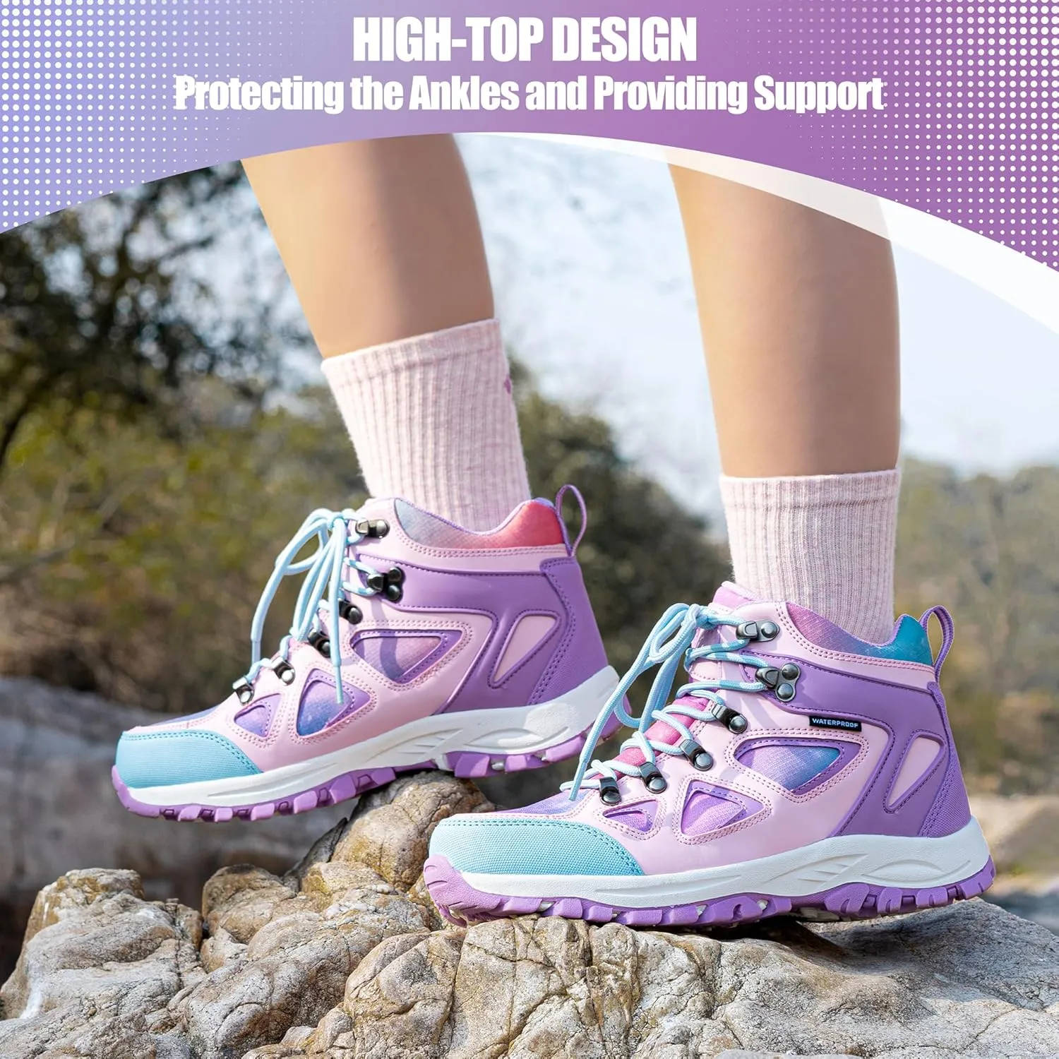 R CORD Kids Hiking Boots Girls Hiking Boots Waterproof Non-Slip for Outdoor Lace-Up Closure Durable TPR Traction Outsole Kids Hiking Shoes