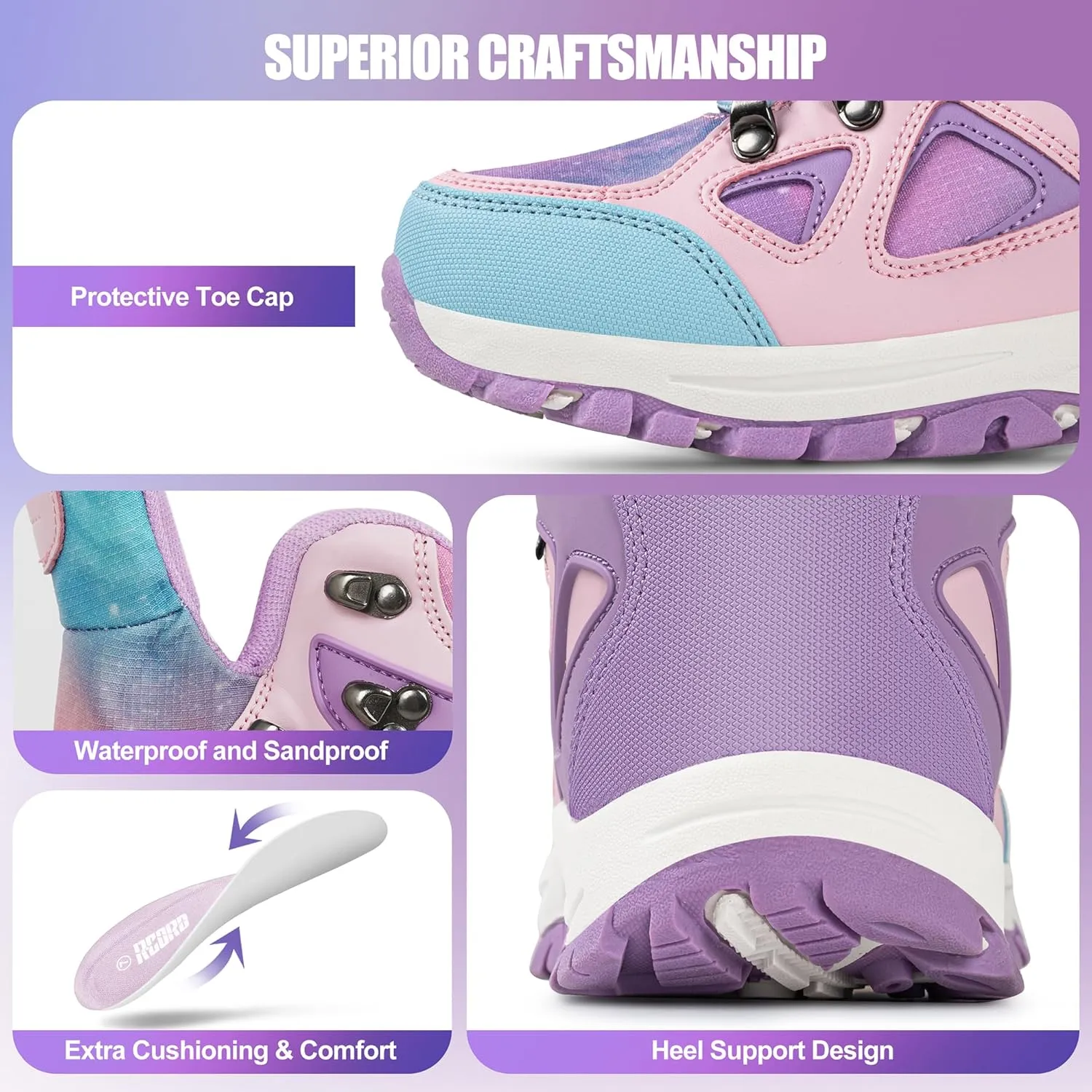 R CORD Kids Hiking Boots Girls Hiking Boots Waterproof Non-Slip for Outdoor Lace-Up Closure Durable TPR Traction Outsole Kids Hiking Shoes