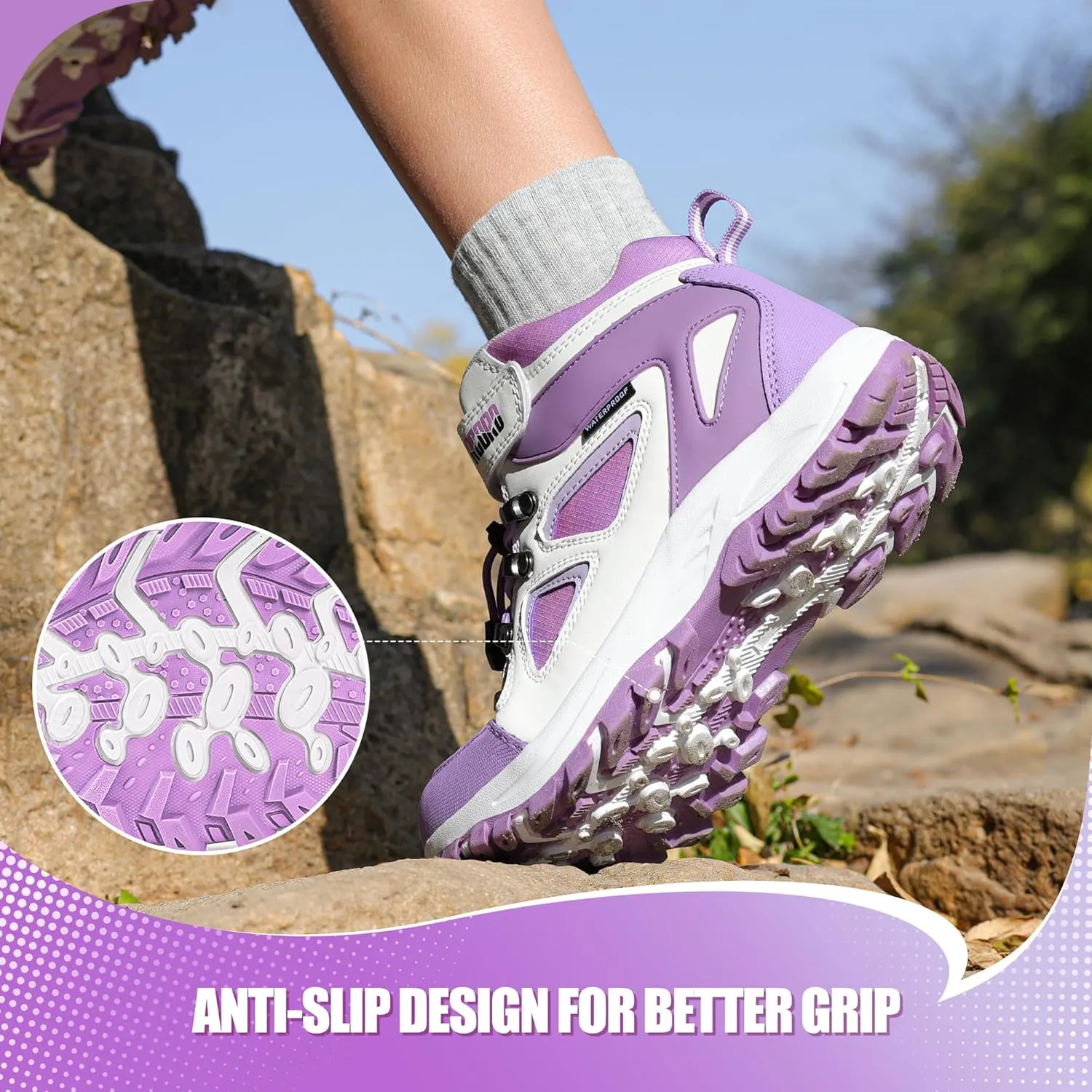 R CORD Kids Hiking Boots Waterproof & Breathable, Durable TPR Traction Outsole, Anti-Skid, Athletic Drawstring Closure, Unisex, Purple, Little Kid, Hiking, Sports