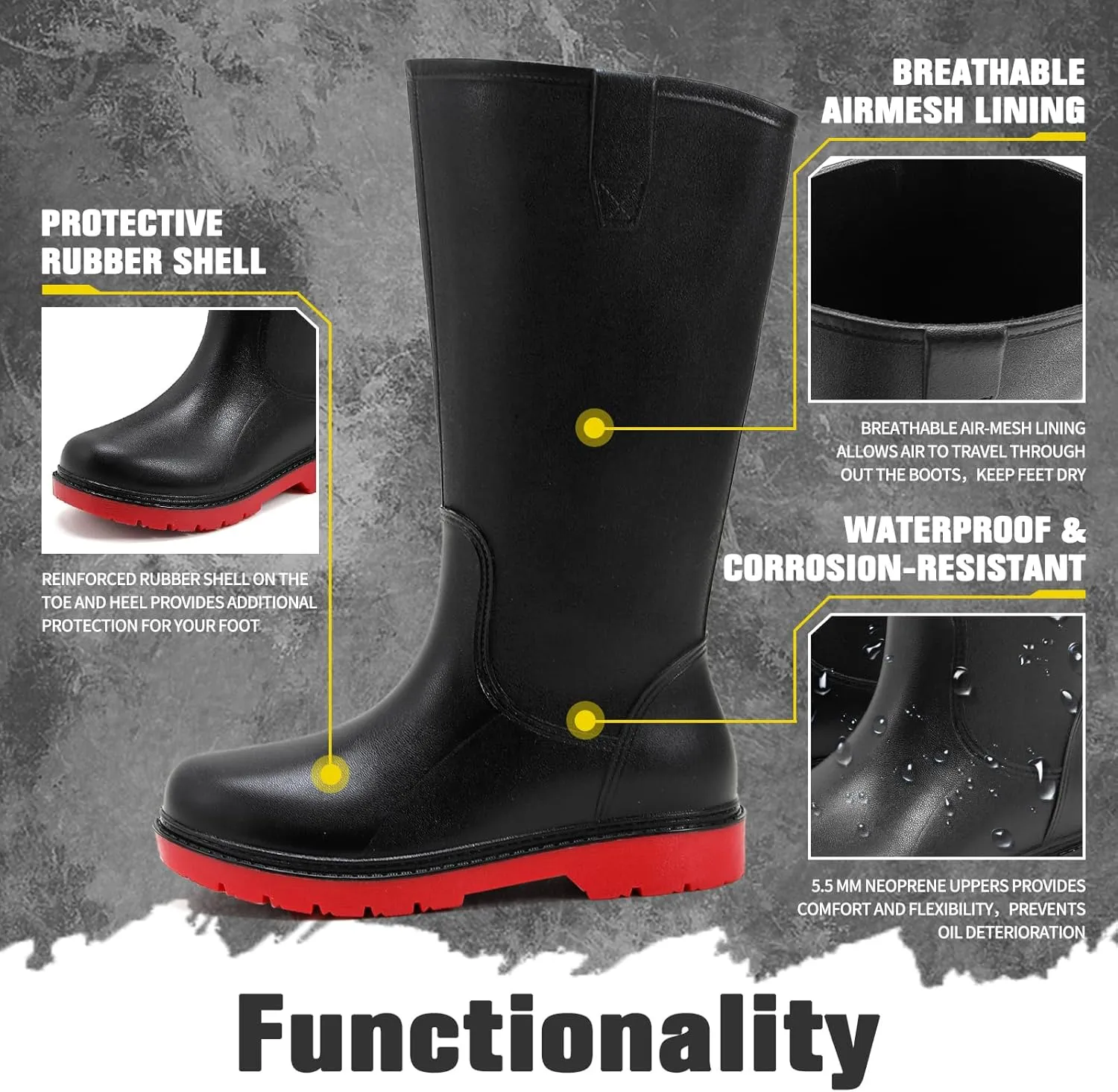 Rain Boots for Men, Comfort Waterproof Rubber Boots Mens Durable Anti-Slip Mud Garden Boots for Hunting Gardening Farming Fishing, Wide Calf Raining Shoes Outdoor Work Boots