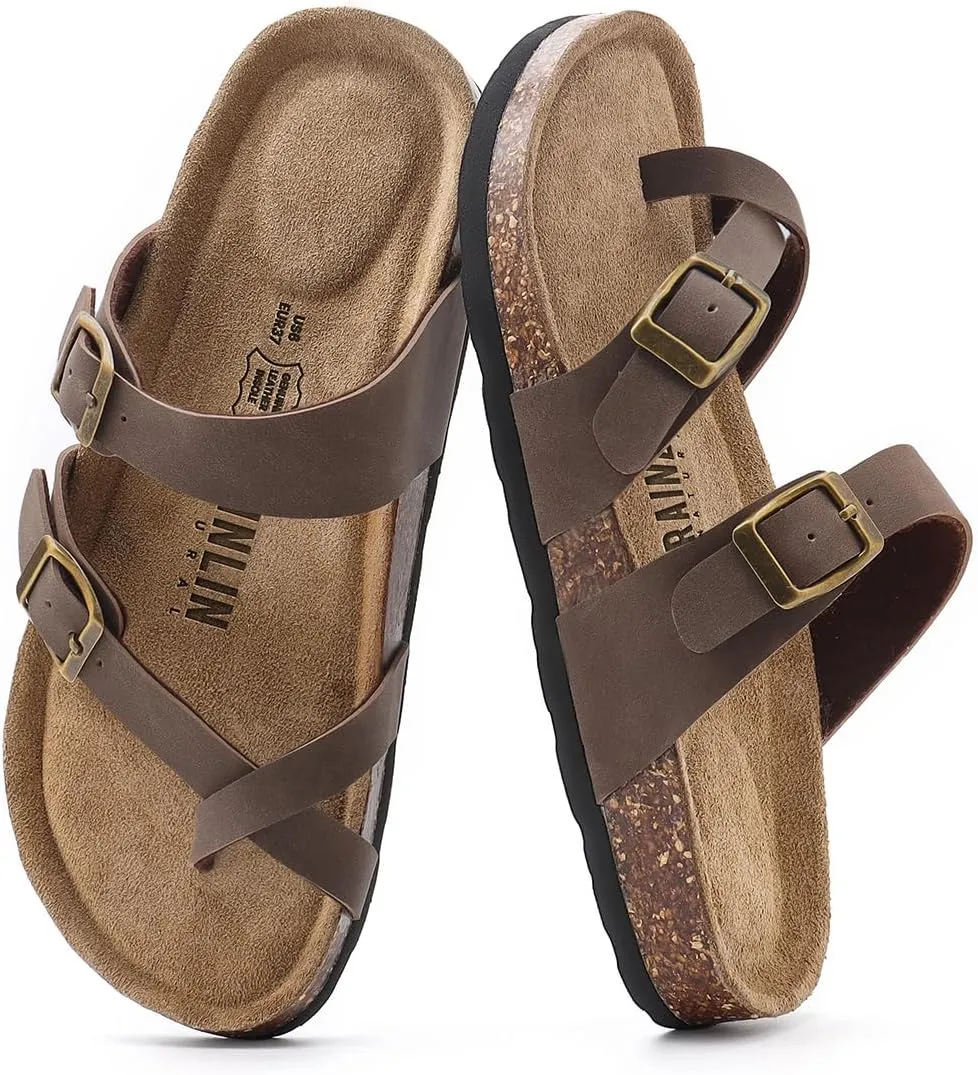 Rainlin Women's Cork Footbed Sandals Comfortable Adjustable Buckle Flat Thong Slide Sandals with Arch Support