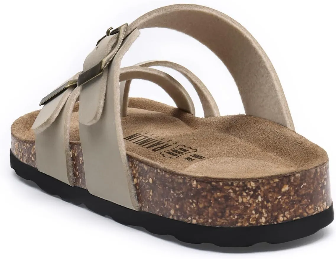Rainlin Women's Cork Footbed Sandals Comfortable Adjustable Buckle Flat Thong Slide Sandals with Arch Support