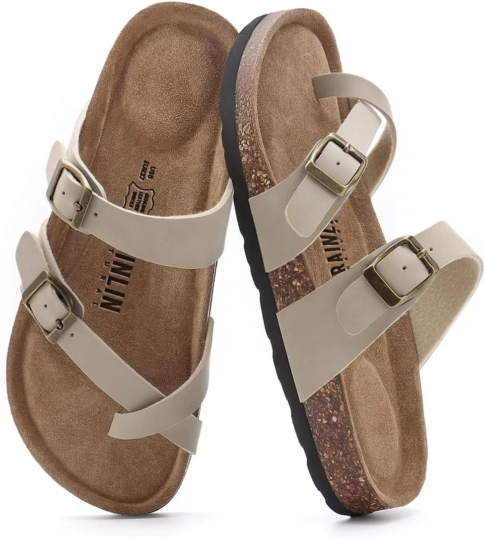 Rainlin Women's Cork Footbed Sandals Comfortable Adjustable Buckle Flat Thong Slide Sandals with Arch Support