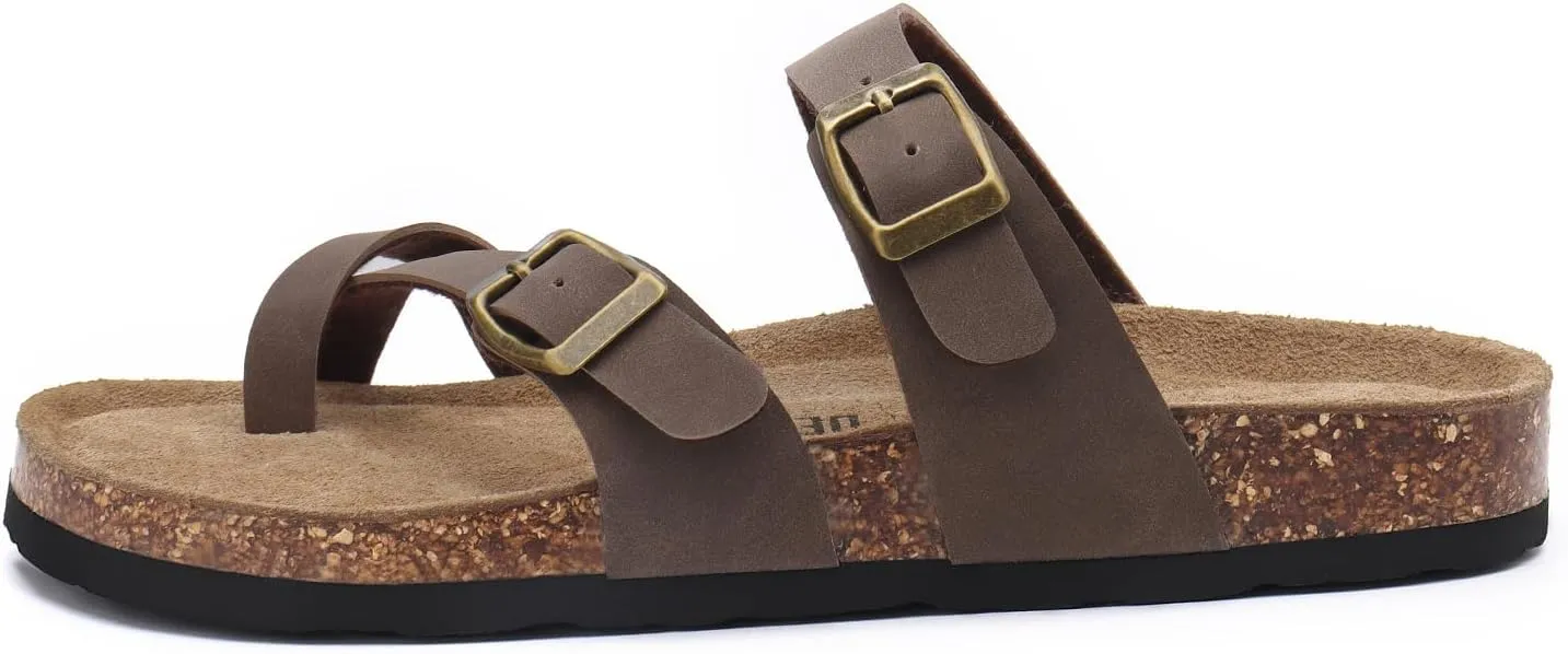 Rainlin Women's Cork Footbed Sandals Comfortable Adjustable Buckle Flat Thong Slide Sandals with Arch Support