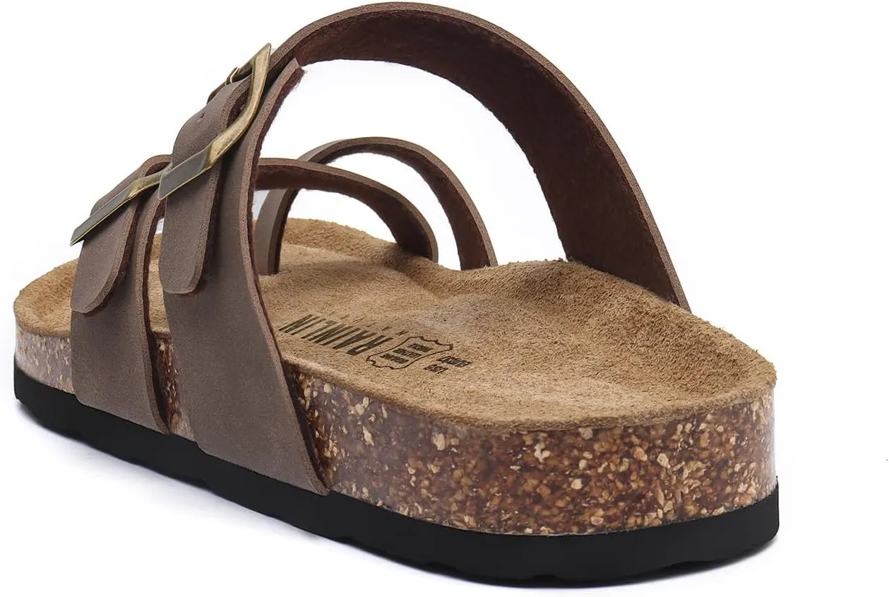 Rainlin Women's Cork Footbed Sandals Comfortable Adjustable Buckle Flat Thong Slide Sandals with Arch Support