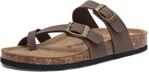 Rainlin Women's Cork Footbed Sandals Comfortable Adjustable Buckle Flat Thong Slide Sandals with Arch Support