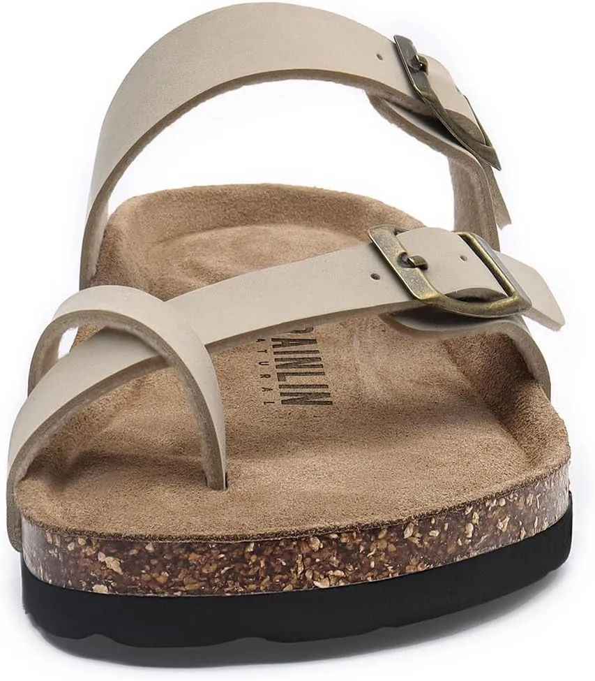 Rainlin Women's Cork Footbed Sandals Comfortable Adjustable Buckle Flat Thong Slide Sandals with Arch Support