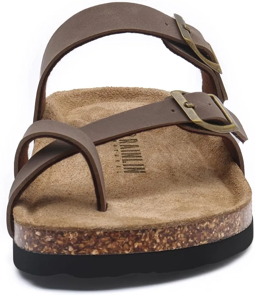 Rainlin Women's Cork Footbed Sandals Comfortable Adjustable Buckle Flat Thong Slide Sandals with Arch Support