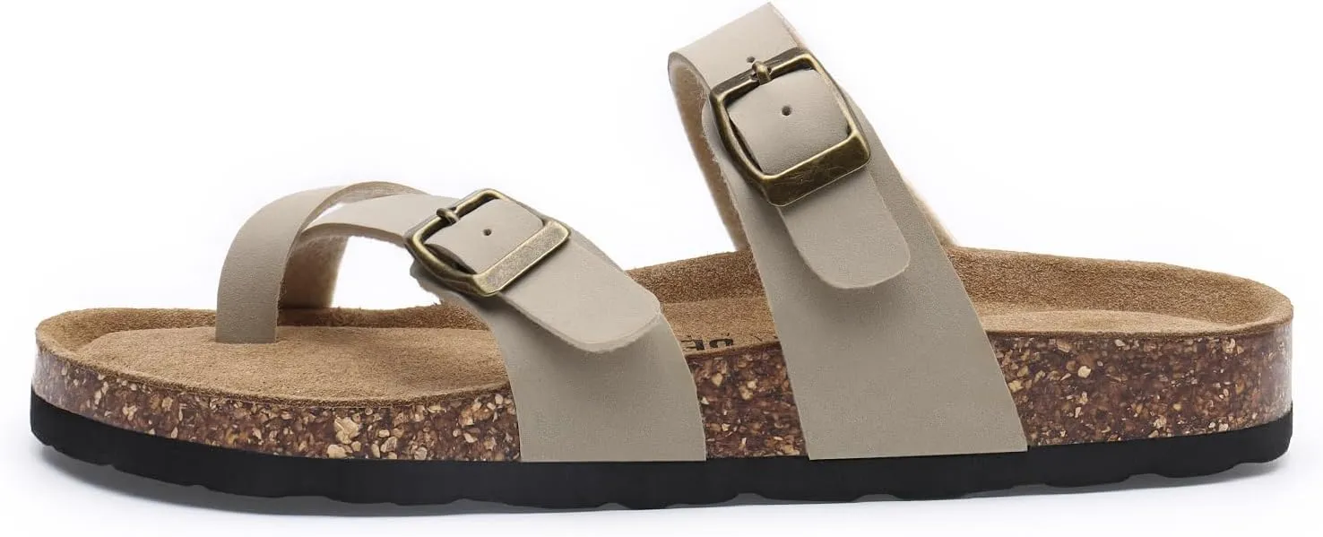 Rainlin Women's Cork Footbed Sandals Comfortable Adjustable Buckle Flat Thong Slide Sandals with Arch Support