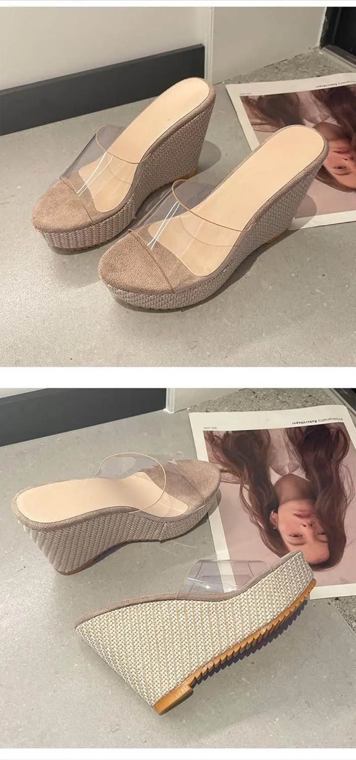 Rattan Sandals Raffia Wedge Espadrilles for Women Clear Dress Shoes Platform Heel Slip On Casual House Slippers Lightweight Breathable Open Toes Comfort Walking Slides Summer Beach Party Vacation