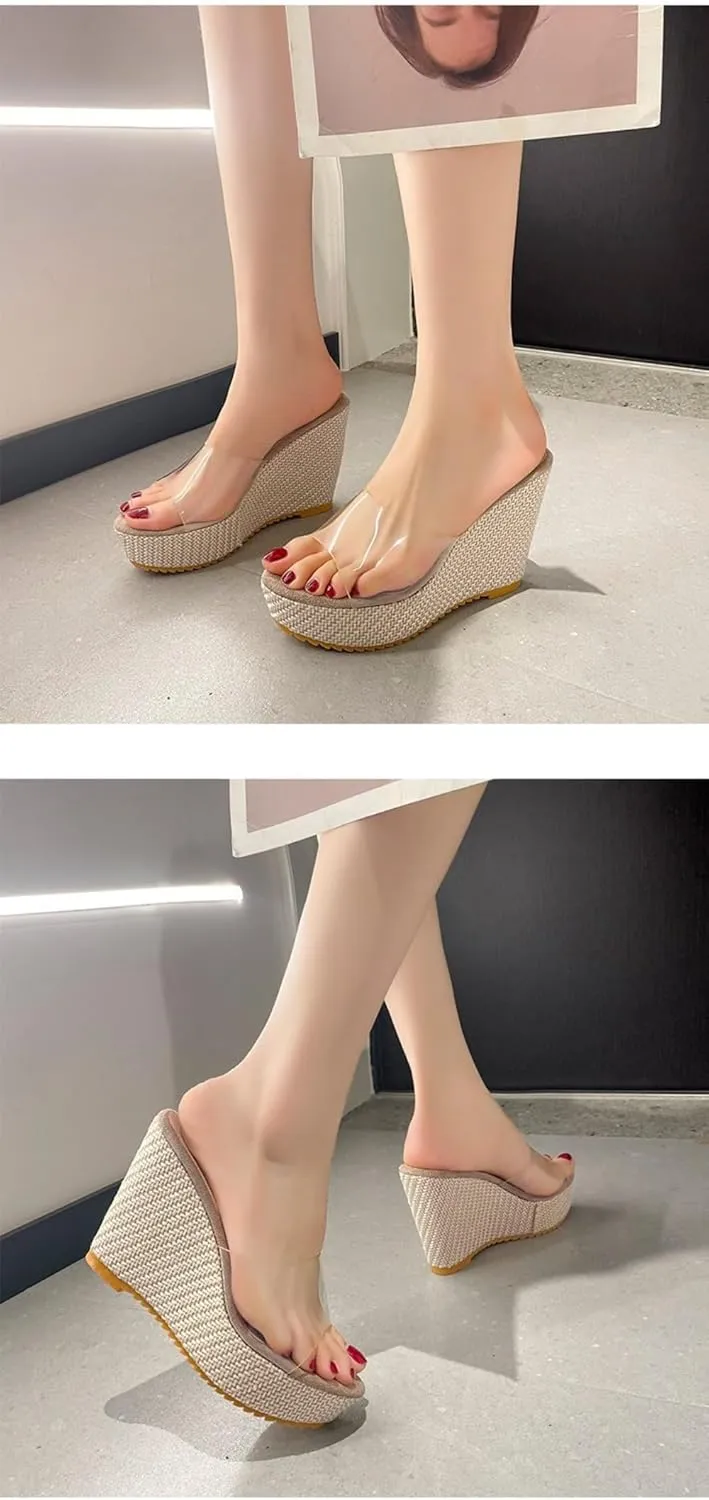 Rattan Sandals Raffia Wedge Espadrilles for Women Clear Dress Shoes Platform Heel Slip On Casual House Slippers Lightweight Breathable Open Toes Comfort Walking Slides Summer Beach Party Vacation