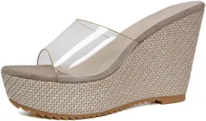 Rattan Sandals Raffia Wedge Espadrilles for Women Clear Dress Shoes Platform Heel Slip On Casual House Slippers Lightweight Breathable Open Toes Comfort Walking Slides Summer Beach Party Vacation