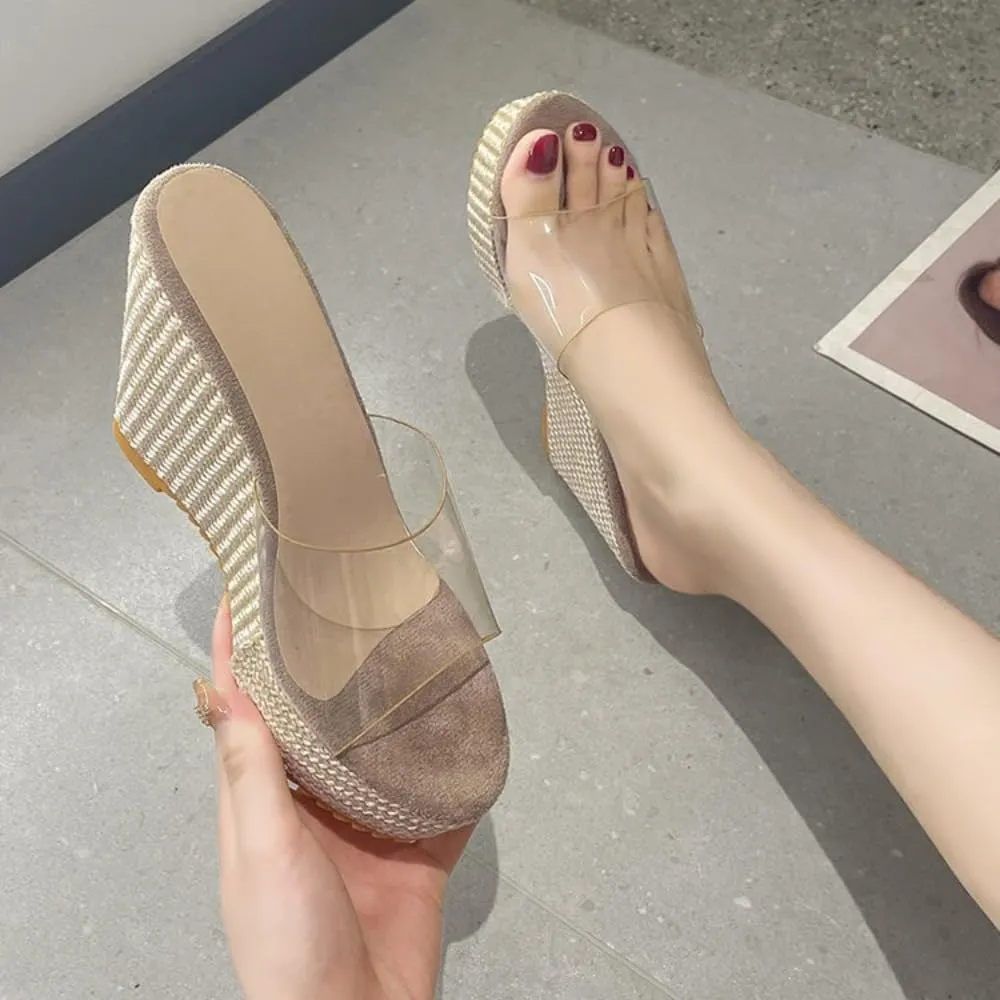 Rattan Sandals Raffia Wedge Espadrilles for Women Clear Dress Shoes Platform Heel Slip On Casual House Slippers Lightweight Breathable Open Toes Comfort Walking Slides Summer Beach Party Vacation