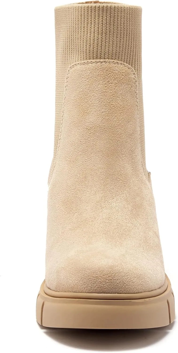 REDTOP Women's Elastic Chelsea Boots Chunky Block Heel Platform Lug Sole Ankle Booties
