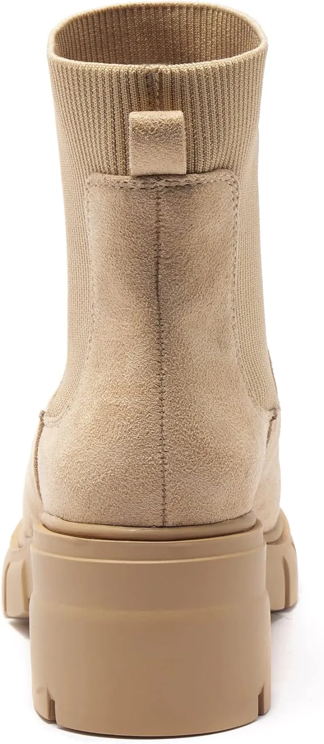 REDTOP Women's Elastic Chelsea Boots Chunky Block Heel Platform Lug Sole Ankle Booties